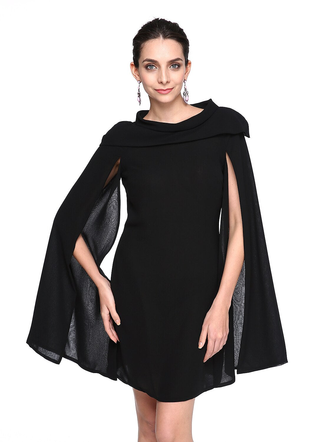 Abito nero a trapezio per le feste, corto/mini, senza maniche, con scollo gioiello, in chiffon con pieghe, per invitati a nozze